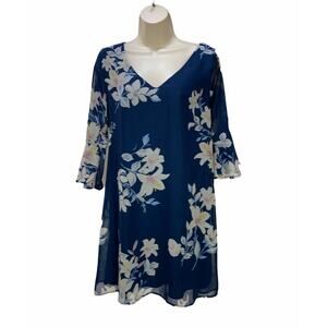 Blue Rain Long Sleeve Dress Size Medium Floral Blue Lined V Neck Pullover